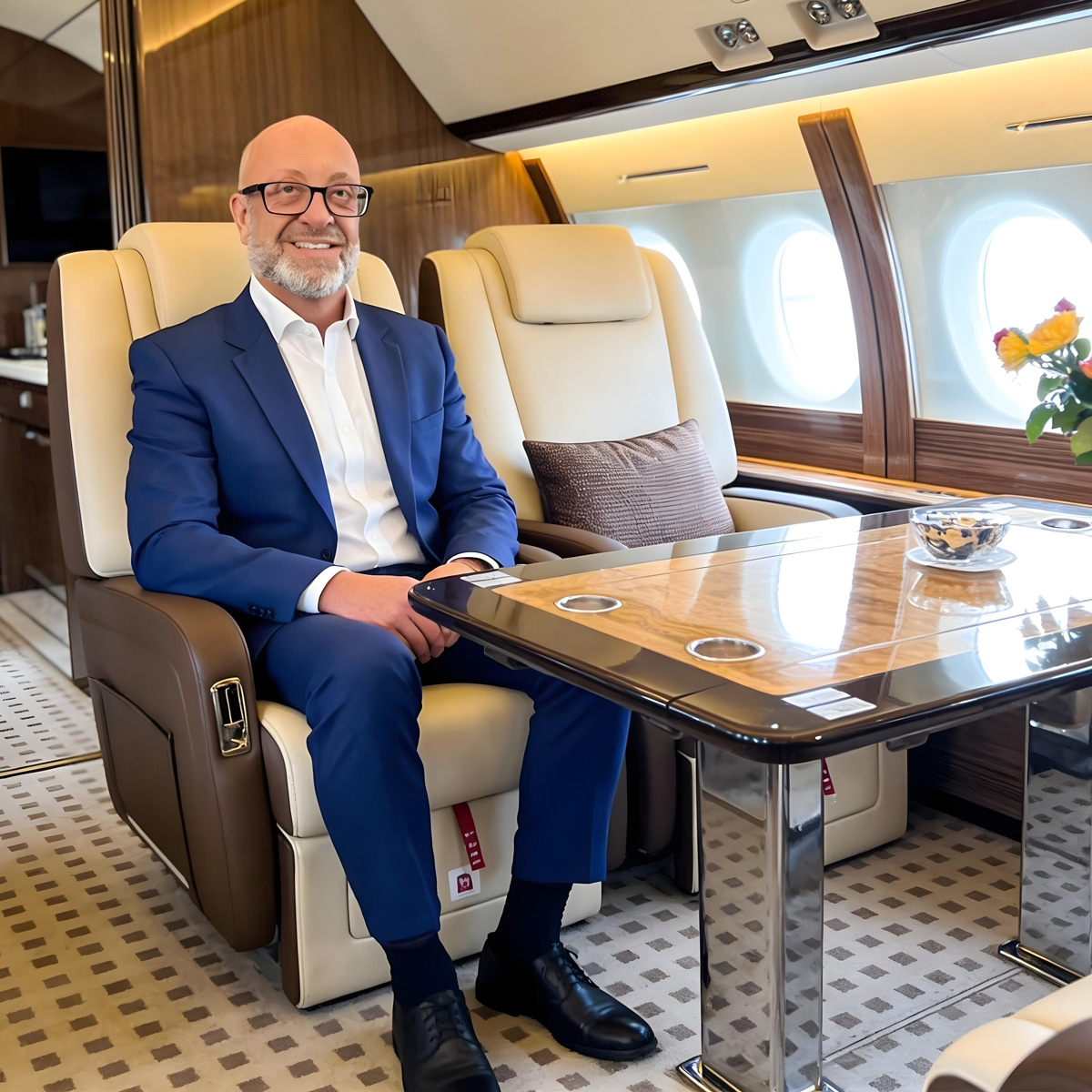 Ollie Bigler seated inside a private jet cabin