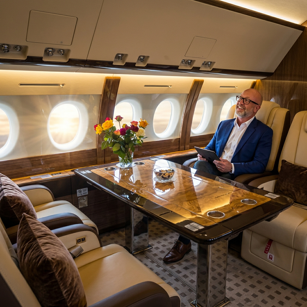 Ollie Bigler seated inside a private jet cabin